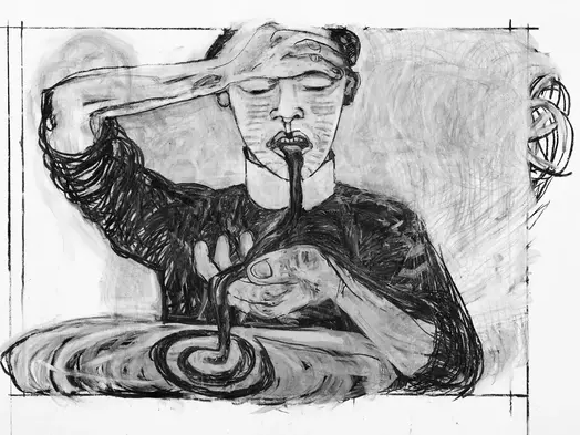Svartvit teckning. En kvinna håller sin högra hand för pannan. Ur munnen kommer något svart som hon fångar upp med sin andr ahand och låter det ringla i en spiral framför sig. Video still ur en animation med titeln Ån, av konstnären Astrid Göransson.